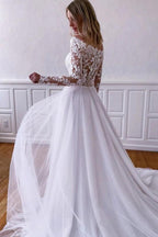 NumberSea White Tulle Lace A-line Long Sleeves Wedding Dresses, Wedding Gowns