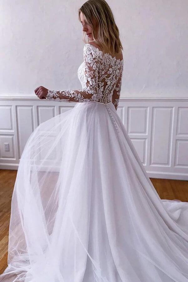 NumberSea White Tulle Lace A-line Long Sleeves Wedding Dresses, Wedding Gowns