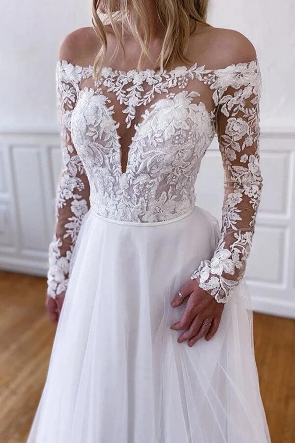 NumberSea White Tulle Lace A-line Long Sleeves Wedding Dresses, Wedding Gowns