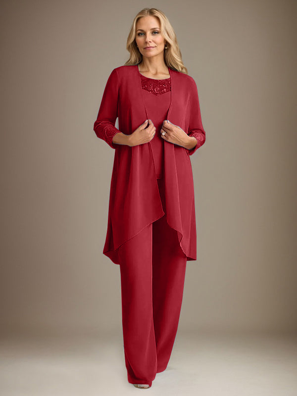 Chiffon Scoop Long Sleeves Mother Of The Bride Pantsuits With Jacket