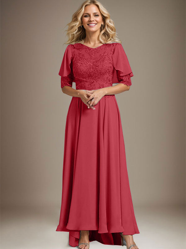 A-line Scoop Illusion Asymmetrical Chiffon Lace Mother of the Bride Dress With Beading