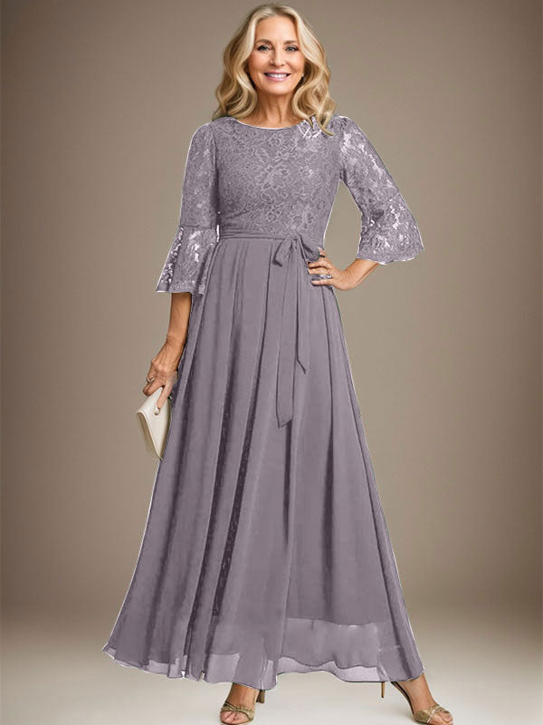 A-line Scoop Ankle-Length Lace Chiffon Mother of the Bride Dress With Bow