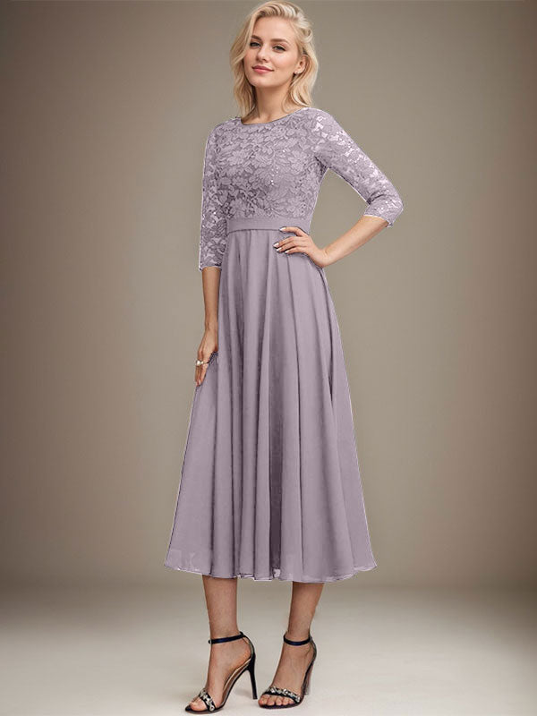A-line Scoop Tea-Length Lace Chiffon Mother of the Bride Dress With Sequins