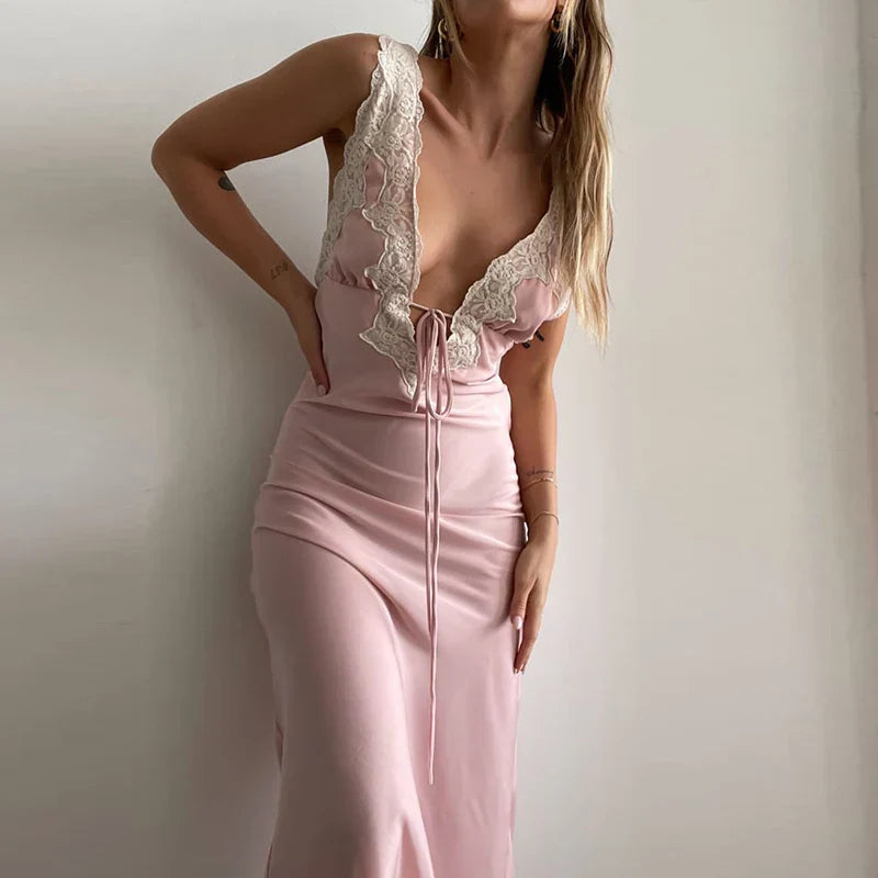 Y2K Lace Trim Long Vacation Dress