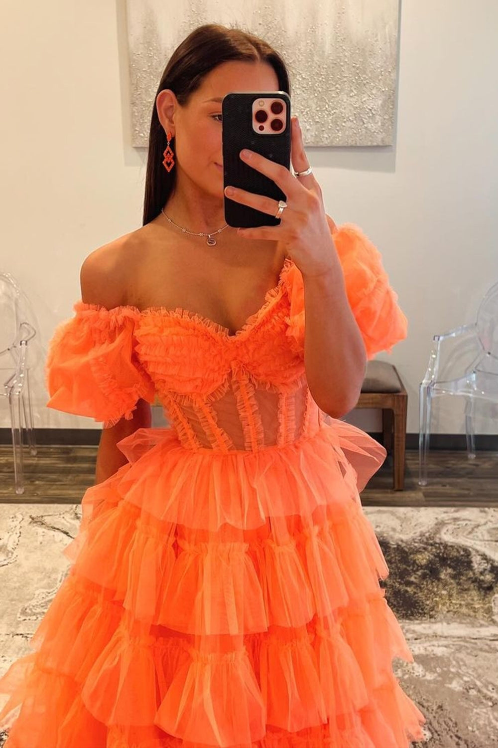 Off the Shoulder A-Line Tulle Tiered Long Corset Prom Dress with Slit