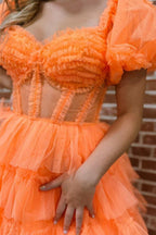 Off the Shoulder A-Line Tulle Tiered Long Corset Prom Dress with Slit