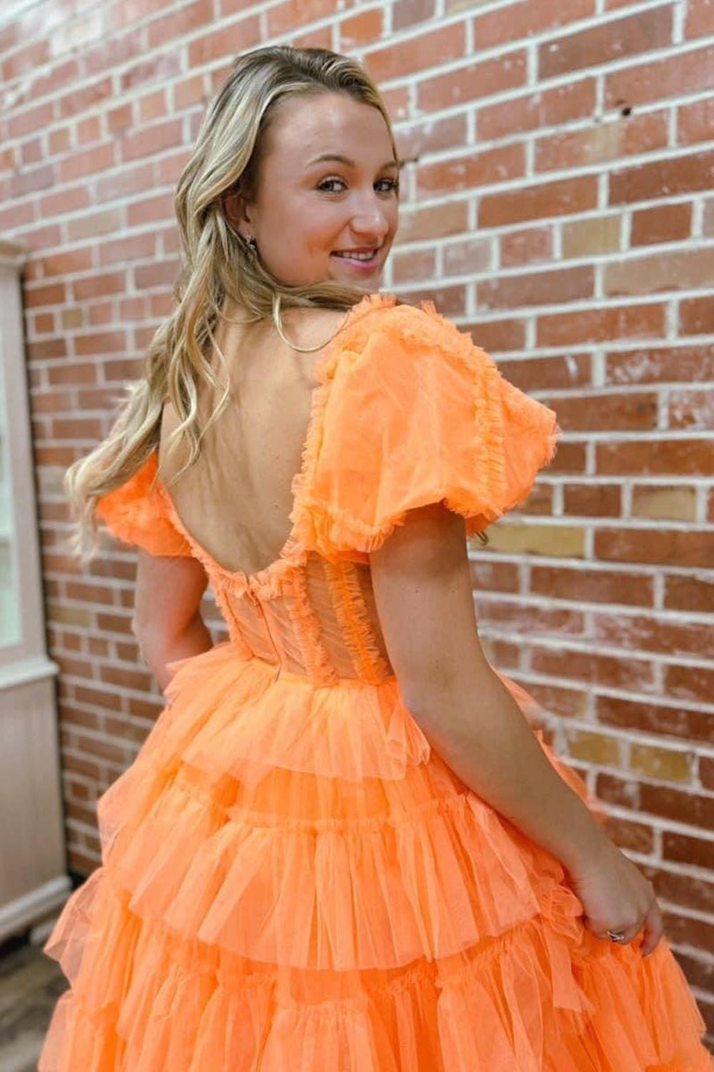 Off the Shoulder A-Line Tulle Tiered Long Corset Prom Dress with Slit
