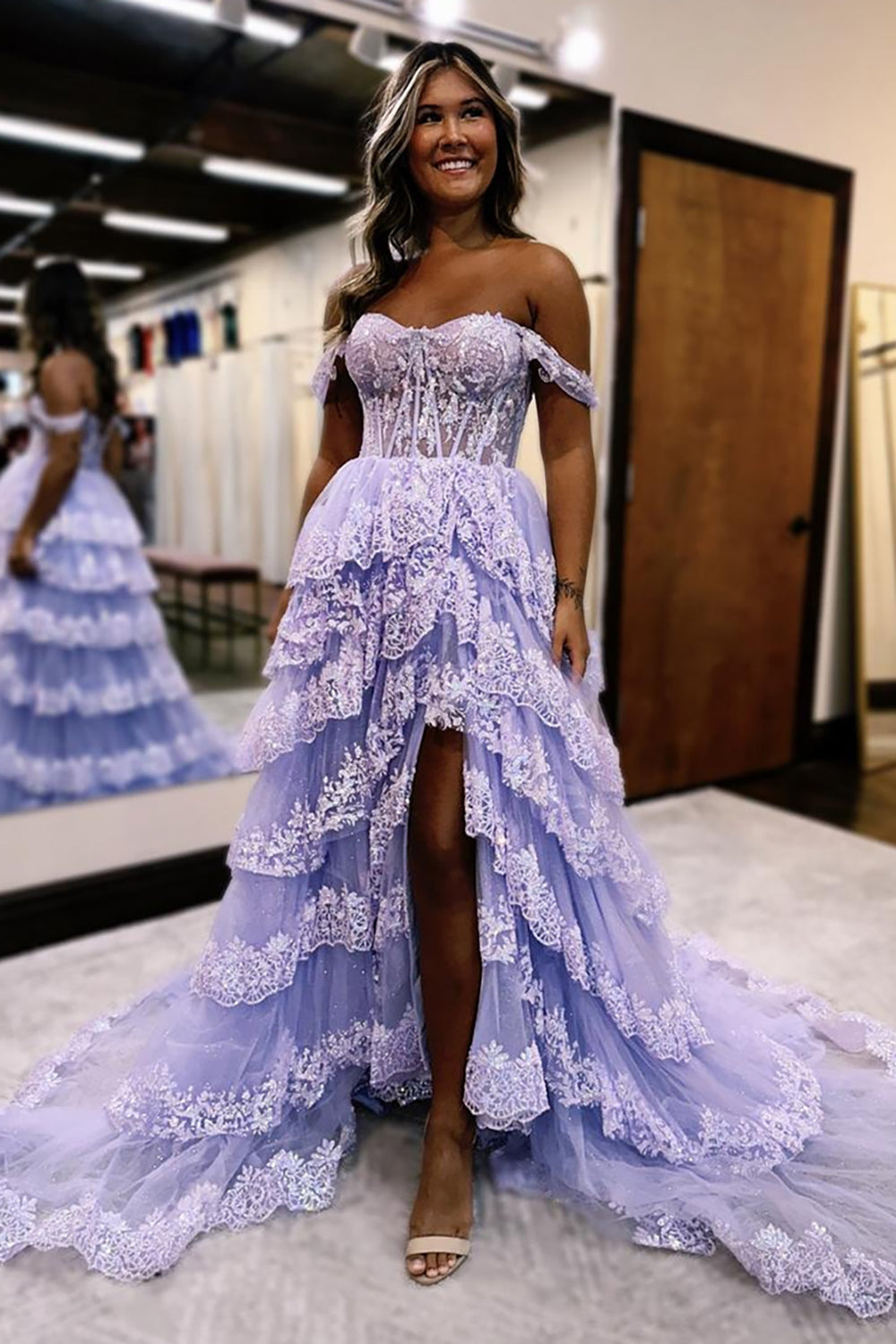 A-Line Off the Shoulder Tiered Long Corset Prom Dress with Slit