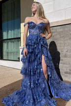 A Line Off the Shoulder Corset Prom Dress with Lace Ruffles