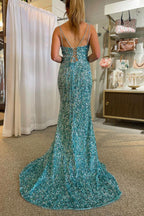 Bling Mermaid Spaghetti Straps Golden Sequins Long Prom Dress with Split Front
