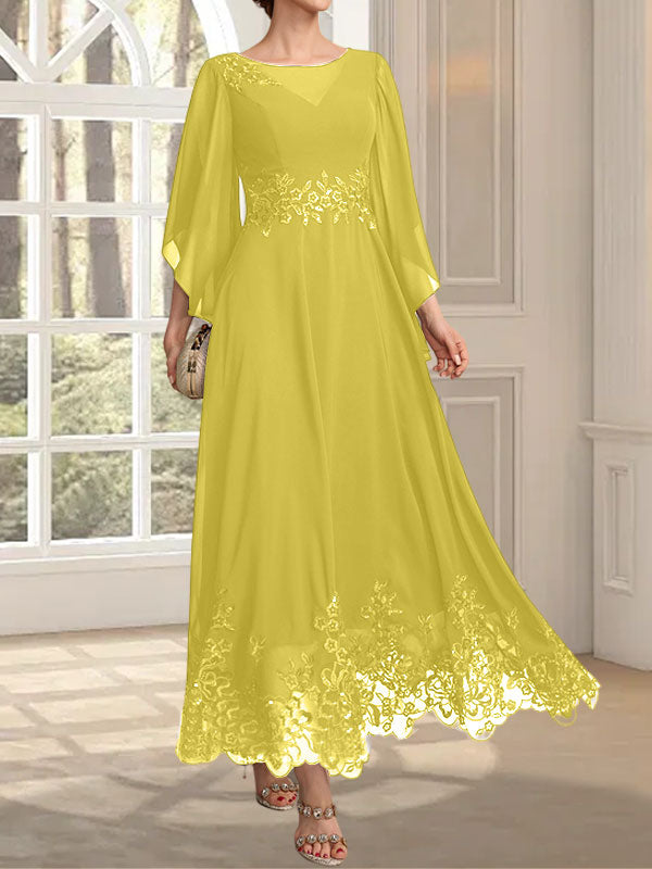 A-line Scoop Illusion Ankle-Length Lace Chiffon Mother of the Bride Dress With Sequins