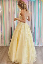 Tulle A-line V-neck Lace Appliques Prom Dresses, Long Formal Dress