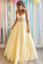 Tulle A-line V-neck Lace Appliques Prom Dresses, Long Formal Dress