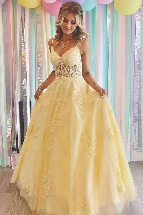 Tulle A-line V-neck Lace Appliques Prom Dresses, Long Formal Dress