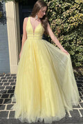 Tulle A-line V-neck Long Prom Dresses With Belt, Evening Dresses