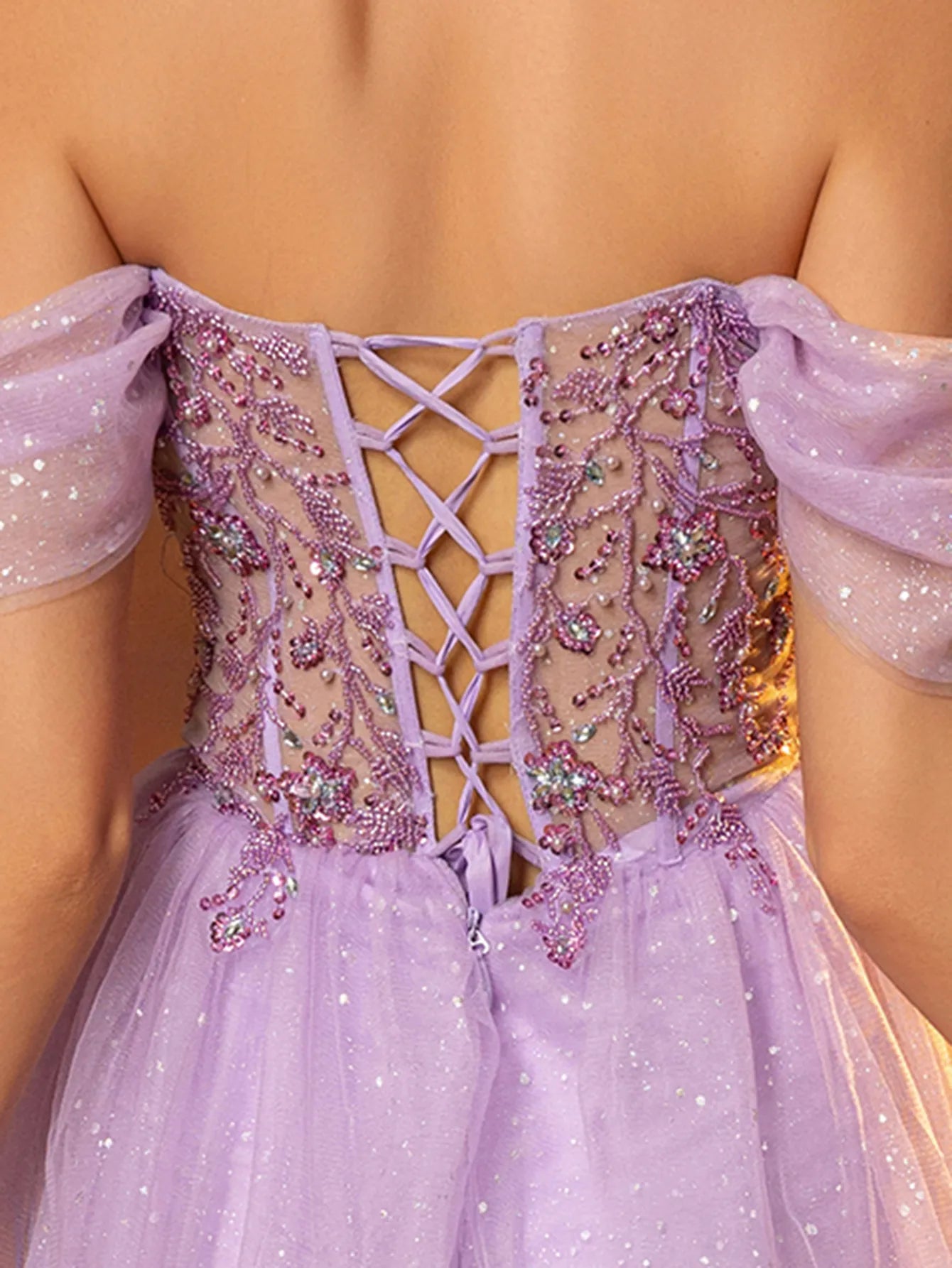 Off Shoulder Sparkly Lace Embroidery Layered Ball Gown Prom Dress