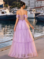 Off Shoulder Sparkly Lace Embroidery Layered Ball Gown Prom Dress