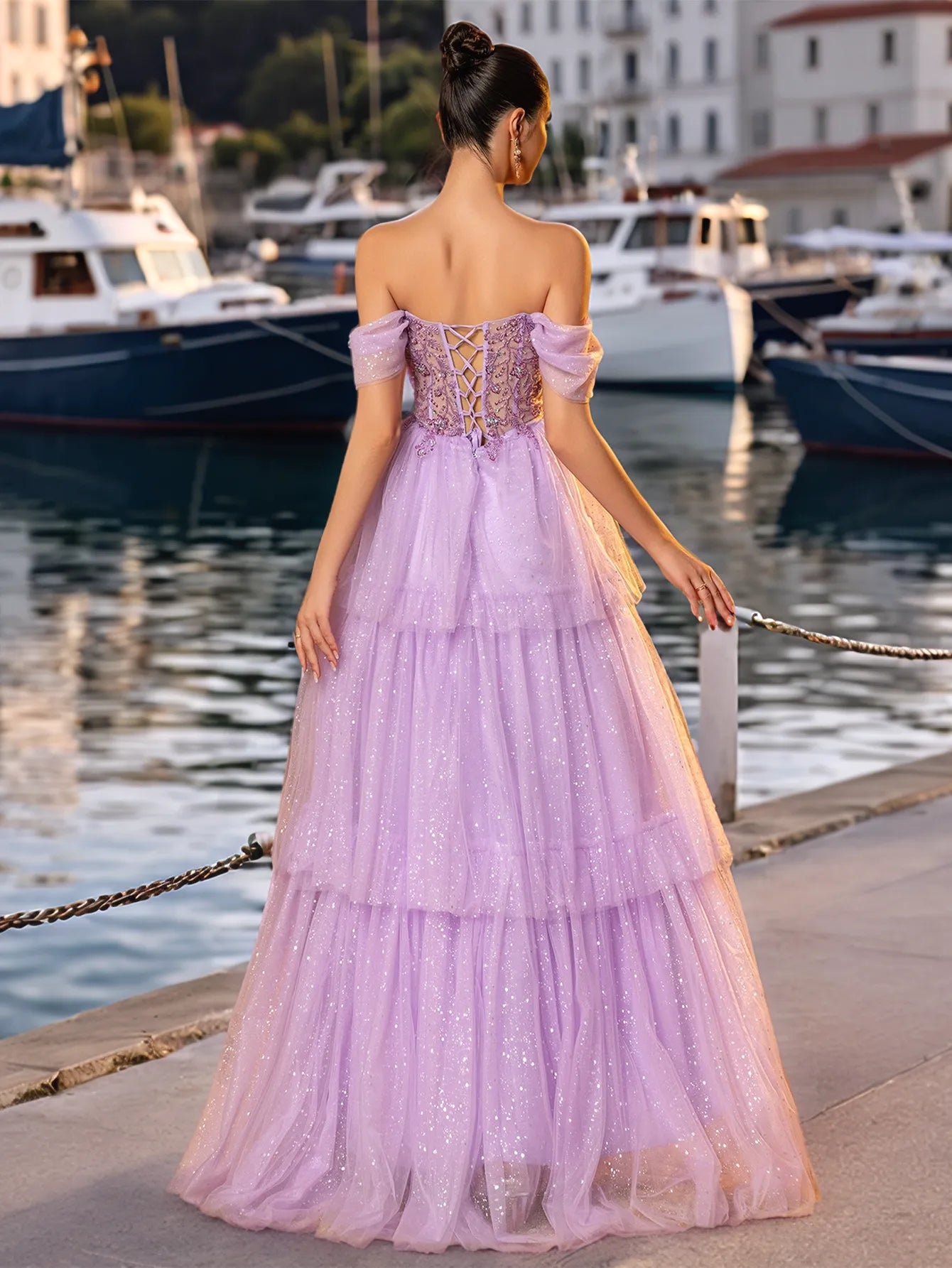 Off Shoulder Sparkly Lace Embroidery Layered Ball Gown Prom Dress