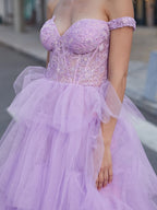 Off Shoulder Ruffled Tiered Lace Embroidery Tulle Ball Gown Prom Dress