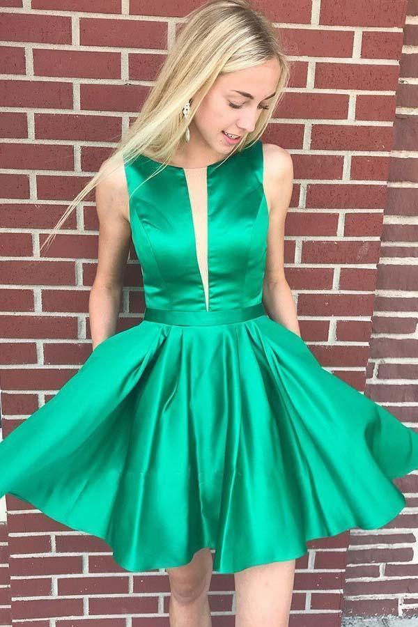 A-line Bateau Backless Knee Length Green Homecoming Dress with Pockets