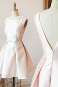 A-Line Bateau V-Back Short Pearl Satin Homecoming Dress with Sash