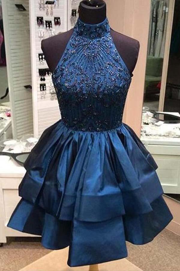 A-line Beaded Halter Neckline Homecoming Dress Short Prom Dress