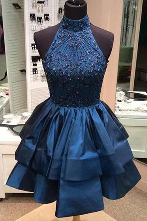 A-line Beaded Halter Neckline Homecoming Dress Short Prom Dress