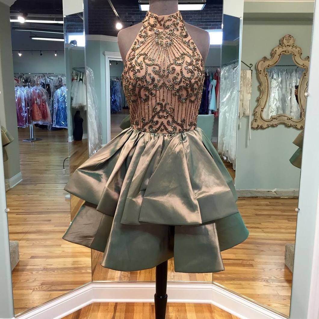 A-line Beaded Halter Neckline Homecoming Dress Short Prom Dress