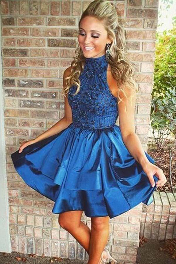 A-line Beaded Halter Neckline Homecoming Dress Short Prom Dress