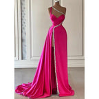 A-line Beaded One Shoulde Pink Satin Pleats Long Prom Evening Dress with Slit