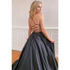 A-line Black Satin V-neck Long Simple Prom Dress with Pockets Formal Evening Gowns