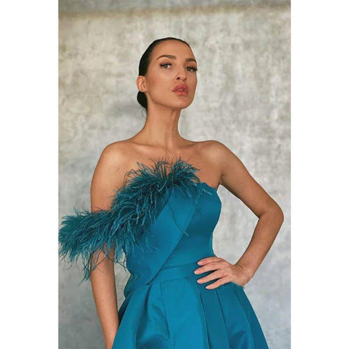 A-line Blue Satin Strapless Chic Feather Long Prom Dress with Slit Evening Gowns