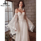 A Line Boho Bohemia Wedding Dress Long Flare Sleeve Lace Chiffon Backless Court Train Sweetheart Robe De Mariée Sheer