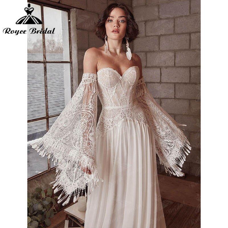 A Line Boho Bohemia Wedding Dress Long Flare Sleeve Lace Chiffon Backless Court Train Sweetheart Robe De Mariée Sheer