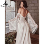 A Line Boho Bohemia Wedding Dress Long Flare Sleeve Lace Chiffon Backless Court Train Sweetheart Robe De Mariée Sheer