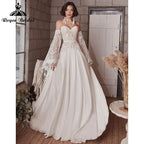 A Line Boho Bohemia Wedding Dress Long Flare Sleeve Lace Chiffon Backless Court Train Sweetheart Robe De Mariée Sheer