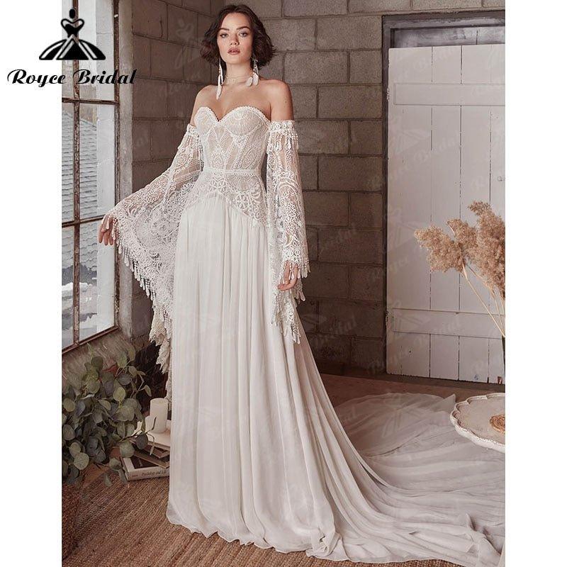 A Line Boho Bohemia Wedding Dress Long Flare Sleeve Lace Chiffon Backless Court Train Sweetheart Robe De Mariée Sheer