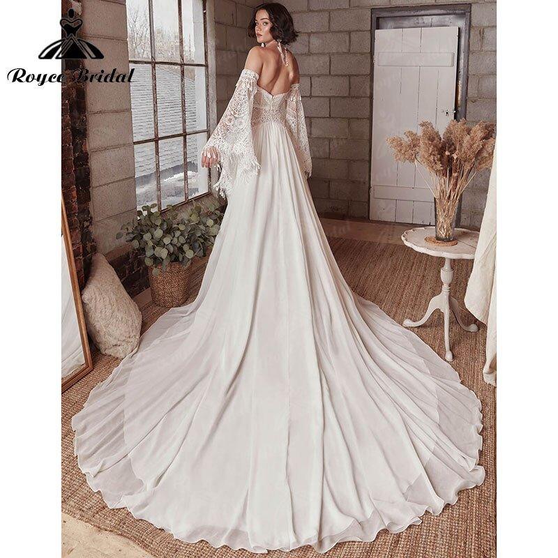 A Line Boho Bohemia Wedding Dress Long Flare Sleeve Lace Chiffon Backless Court Train Sweetheart Robe De Mariée Sheer