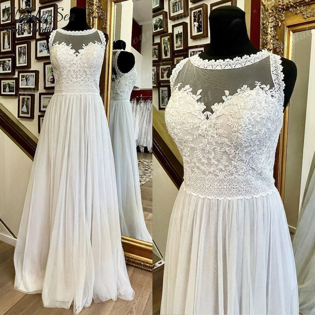 A Line Boho Lace Bodice Beach Sleeveless Wedding Gowns for Women 2025 Robe Bridal Dress Illusion Vestidos De Novia NumberSea