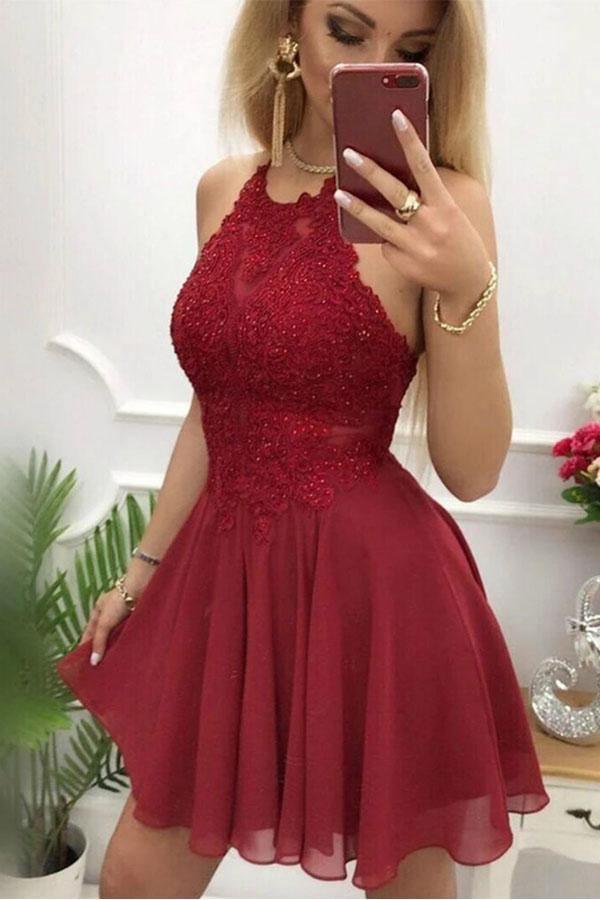 A-Line Chiffon Halter Appliques Short Homecoming Dress