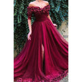 A-line Burgundy Tulle Off-the-shoulder Appliques Long Formal Evening Dress with Slit