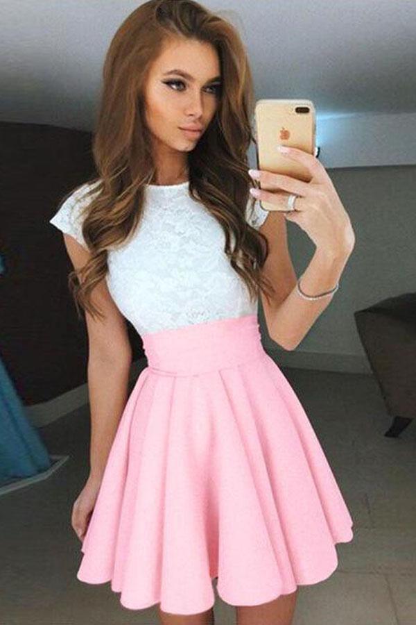 A-line Cap Sleeves Short Pearl Chiffon Homecoming Dress with Lace
