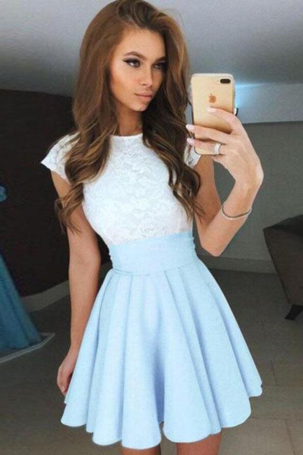 A-line Cap Sleeves Short Pearl Chiffon Homecoming Dress with Lace