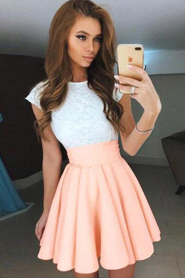 A-line Cap Sleeves Short Pearl Chiffon Homecoming Dress with Lace