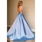A-line Chic Halter Blue Satin Long Simple Prom Dress Backless