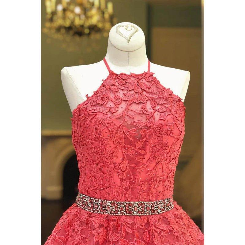 A-line Chic Halter Tulle Appliques Long Prom Dress Formal Evening Gowns