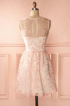 A-Line Crew Open Back Short Pearl Lace Homecoming Dress