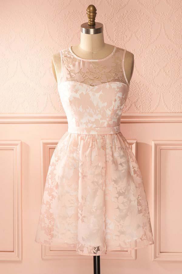 A-Line Crew Open Back Short Pearl Lace Homecoming Dress