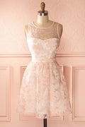 A-Line Crew Open Back Short Pearl Lace Homecoming Dress
