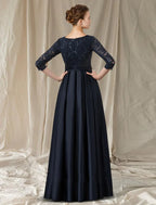 A-Line Cut Out Elegant Engagement Formal Evening Dress V Neck Long Sleeve Floor Length Lace with Bow(s) Pocket
